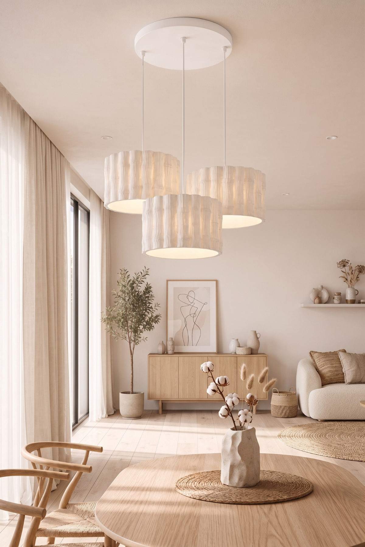 Modern 3lü Bambu Görünümlü Sarkıt Avize Mutfak-Salon-Yatak odası İçin Ampul Uyumlu Dekoratif Model Beyaz
