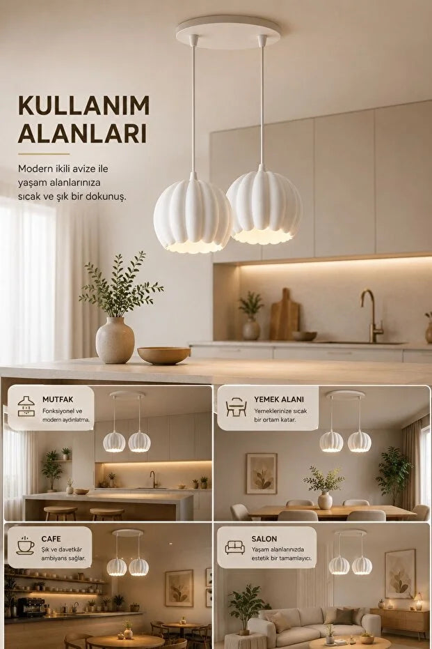 Balkabağı Minimalist Modern avize 2’li Yatak-Oturma odası Salon İçin Ampul Uyumlu Dekoratif Model Beyaz