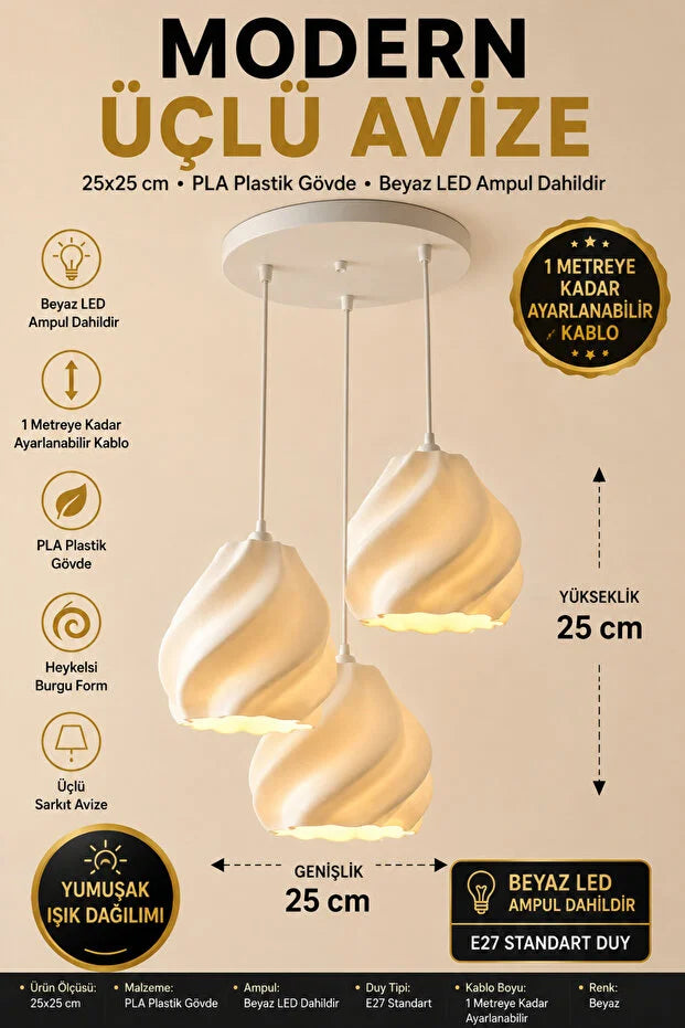 Dalga Form Modern avize 3'lü Mutfak-Oturma odası Salon İçin Ampul Uyumlu Dekoratif Model