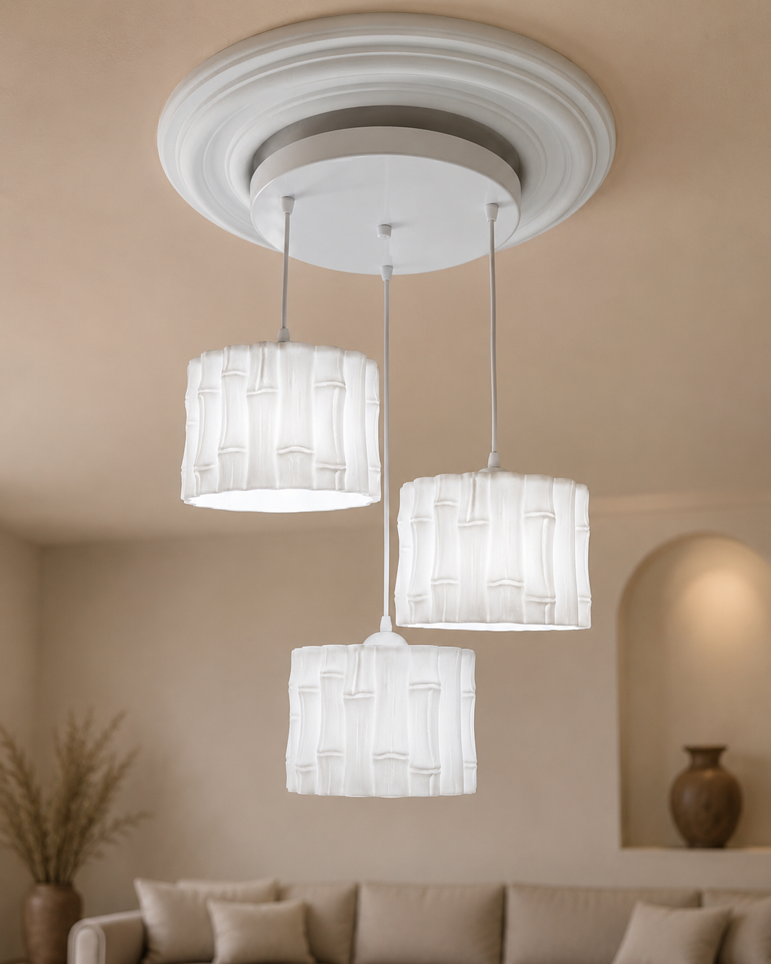 Modern 3lü Bambu Görünümlü Sarkıt Avize Mutfak-Salon-Yatak odası İçin Ampul Uyumlu Dekoratif Model Beyaz