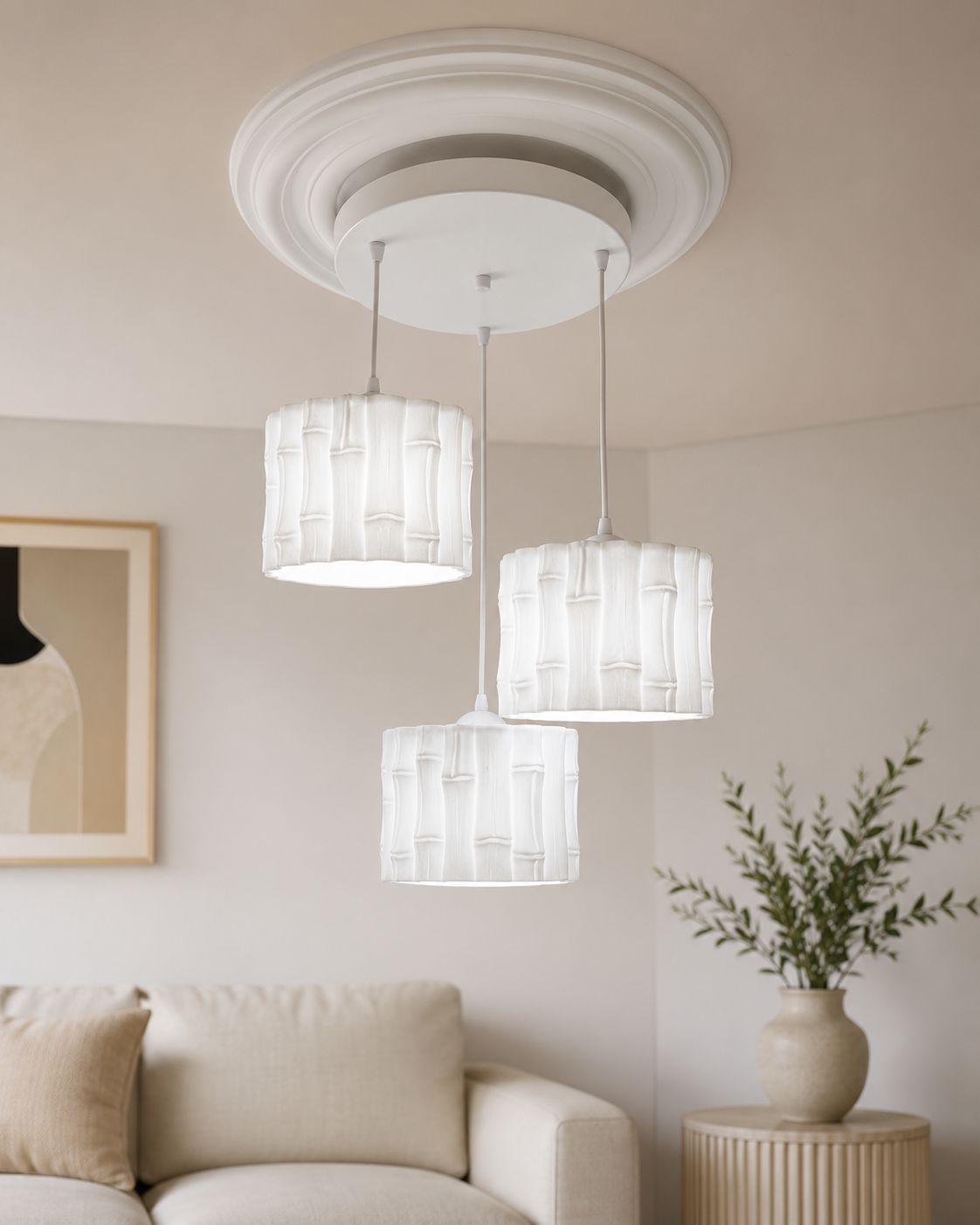 Modern 3lü Bambu Görünümlü Sarkıt Avize Mutfak-Salon-Yatak odası İçin Ampul Uyumlu Dekoratif Model Beyaz