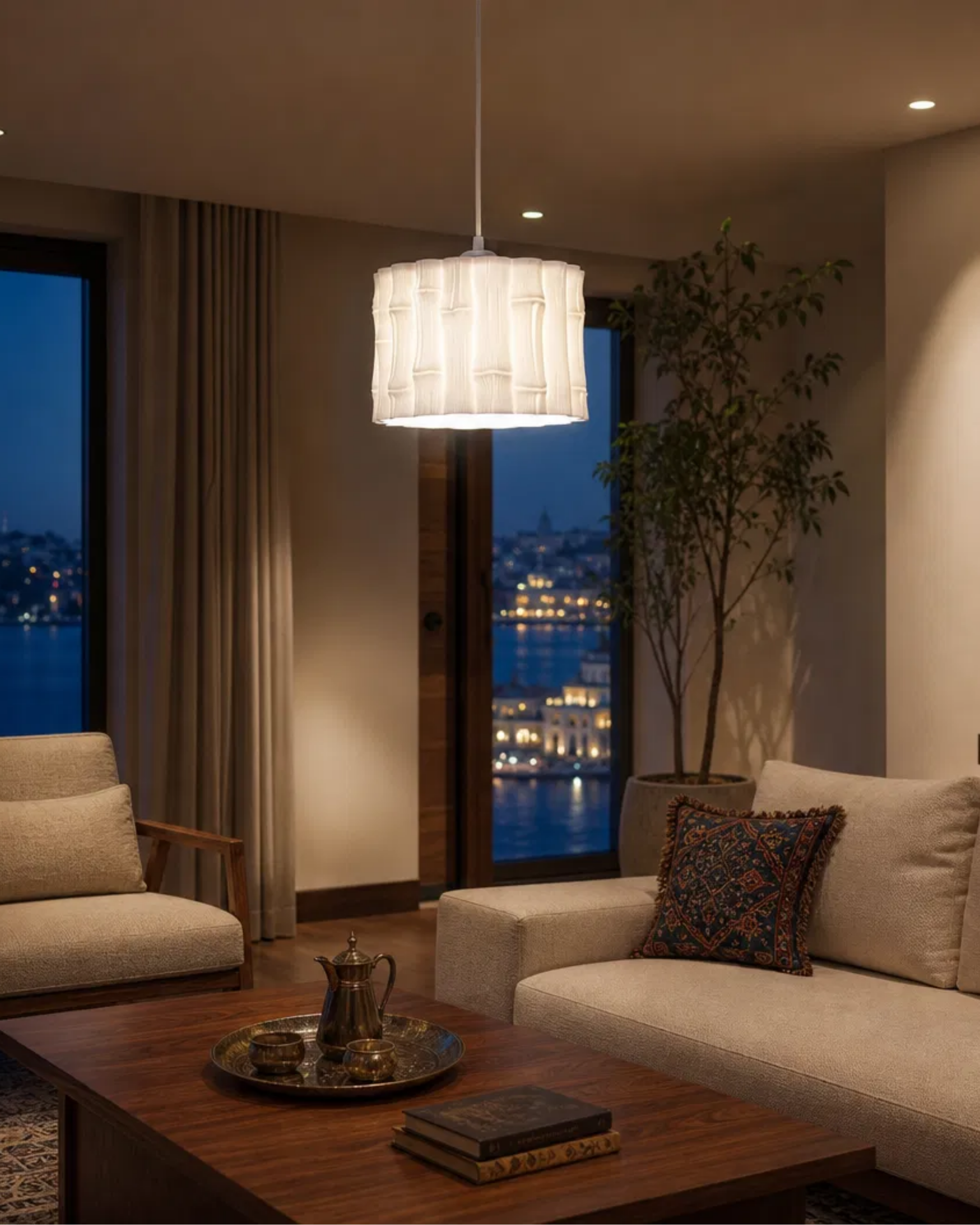 Modern Tekli Bambu Görünümlü Sarkıt Avize Mutfak-Salon-Yatak odası İçin Ampul Uyumlu Dekoratif Model Beyaz-Sütlü Kahve (Kopya)