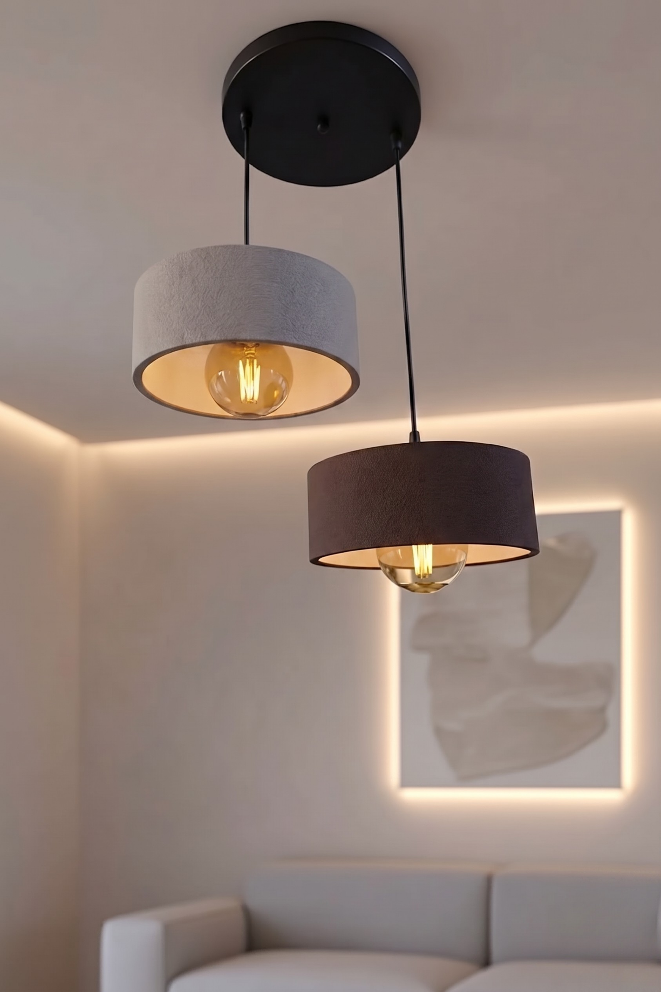 Modern Çiftli Oval Sarkıt Avize Salon-Ofis İçin Ampul Uyumlu Dekoratif Model Beyaz-Gri- 2'Li