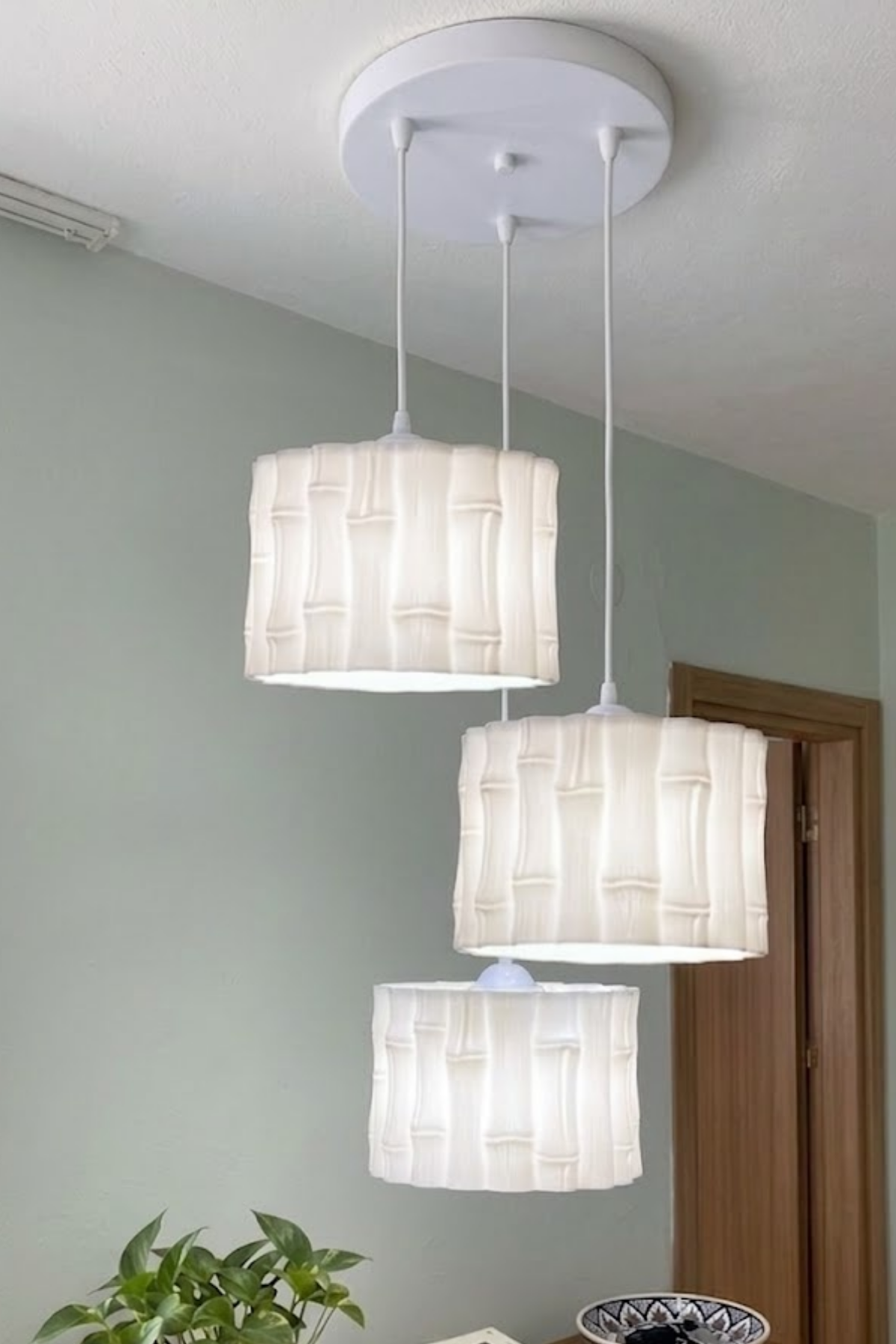 Modern 3lü Bambu Görünümlü Sarkıt Avize Mutfak-Salon-Yatak odası İçin Ampul Uyumlu Dekoratif Model Beyaz