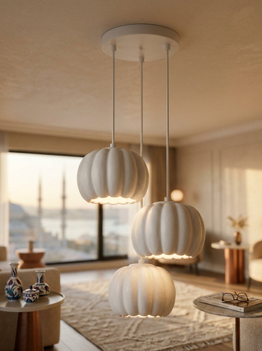Balkabağı Minimalist Modern avize 3'lü Yatak-Oturma odası Salon İçin Ampul Uyumlu Dekoratif Model Beyaz