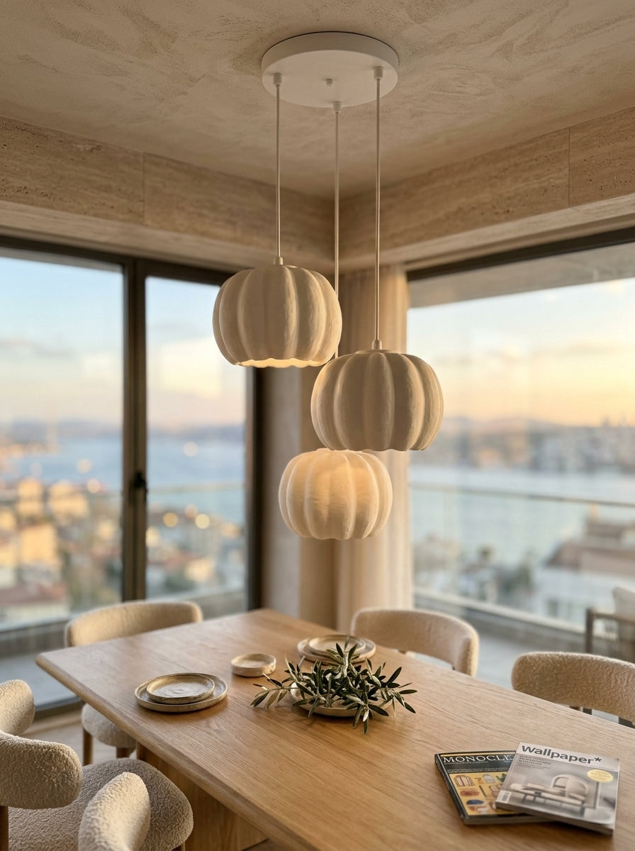 Balkabağı Minimalist Modern avize 3'lü Yatak-Oturma odası Salon İçin Ampul Uyumlu Dekoratif Model Beyaz